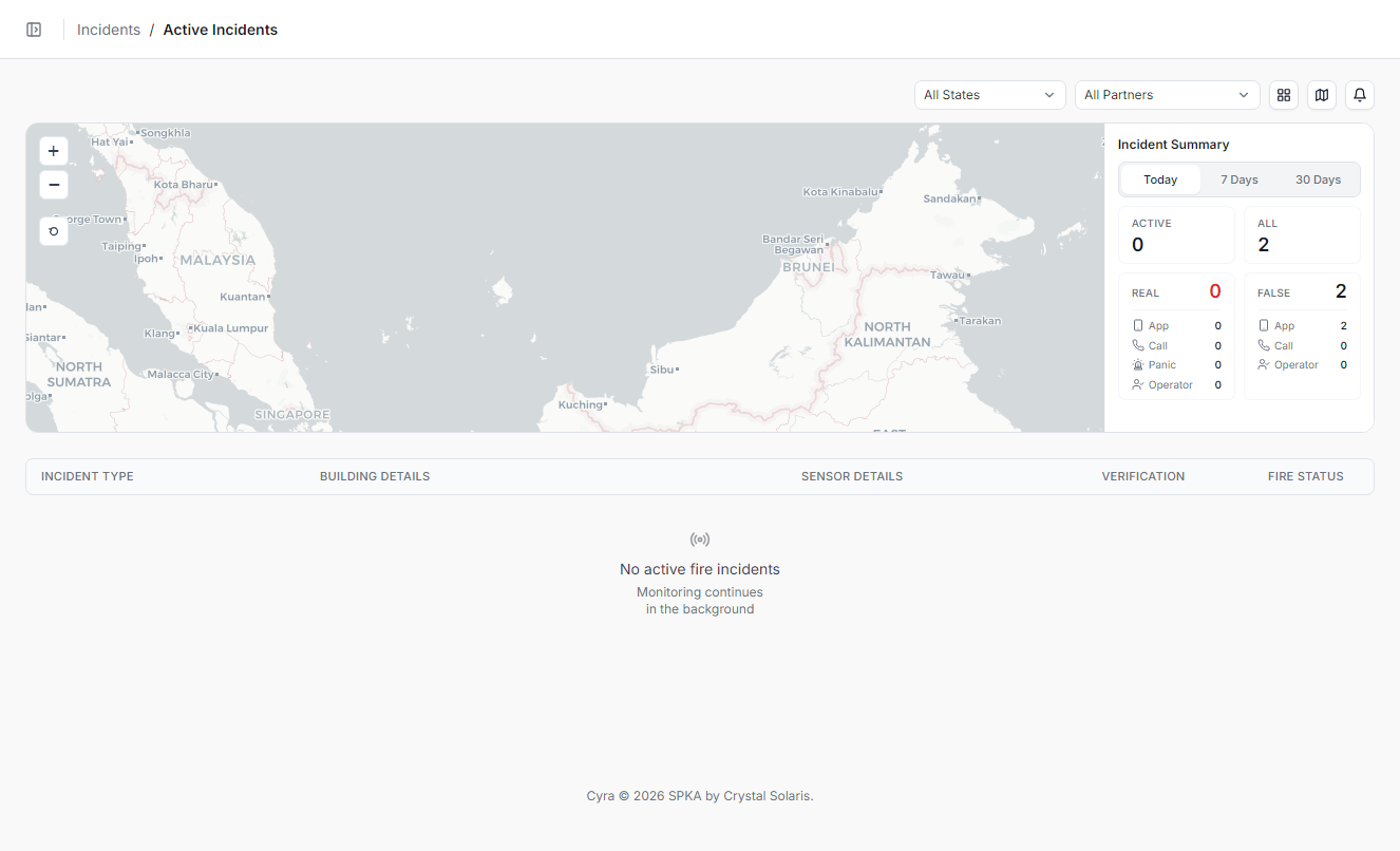 Cyra active incidents view with map, verification counts and live monitoring